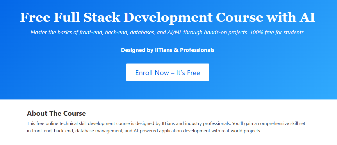 Preview of the Full Stack Development with AI course page