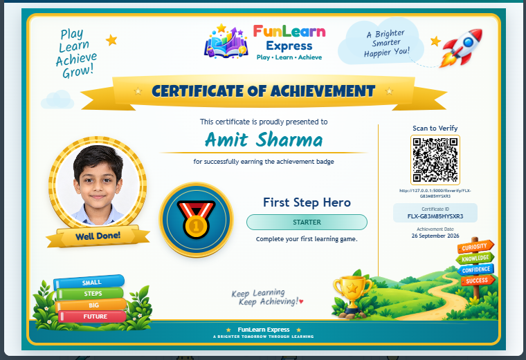 Example FunLearn Express First Step Hero badge certificate