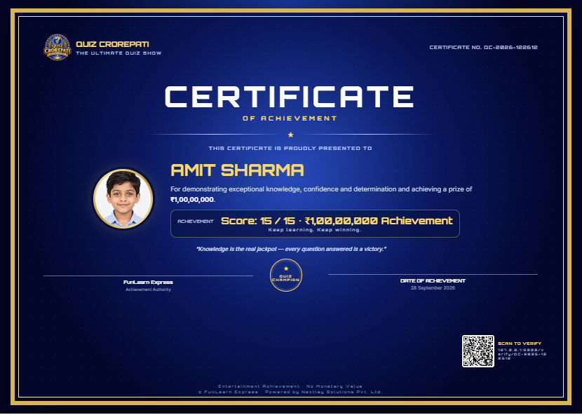 Example Quiz Crorepati achievement certificate