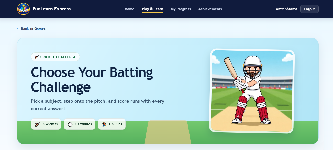 Cricket Challenge subject selection screen