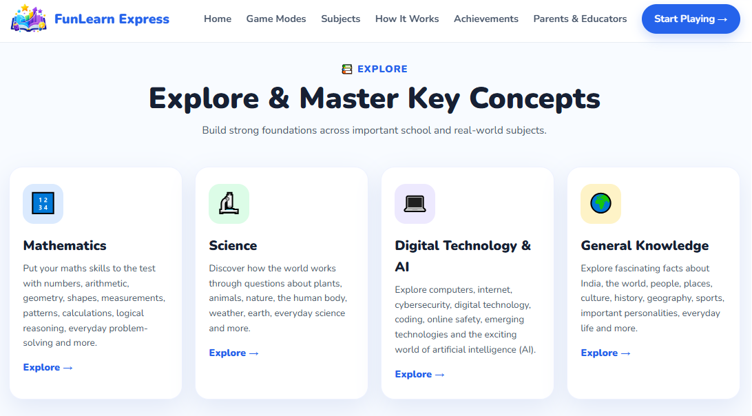Maths, Science, Digital Technology and AI, and General Knowledge subject cards